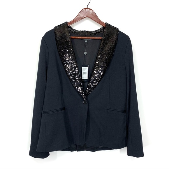 Adrianna Papell Black Sequin Lapel Lightweight Ponte Blazer New Nwt Size Medium - Picture 1 of 16